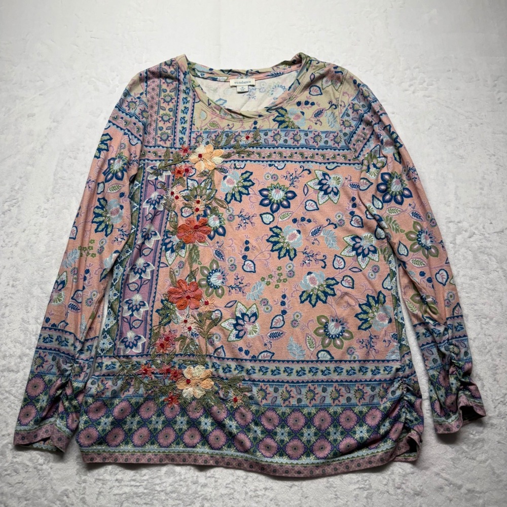 Sundance Floral Embroidered Top M Pink Blue Boho Long Sleeve Artsy Cottagecore